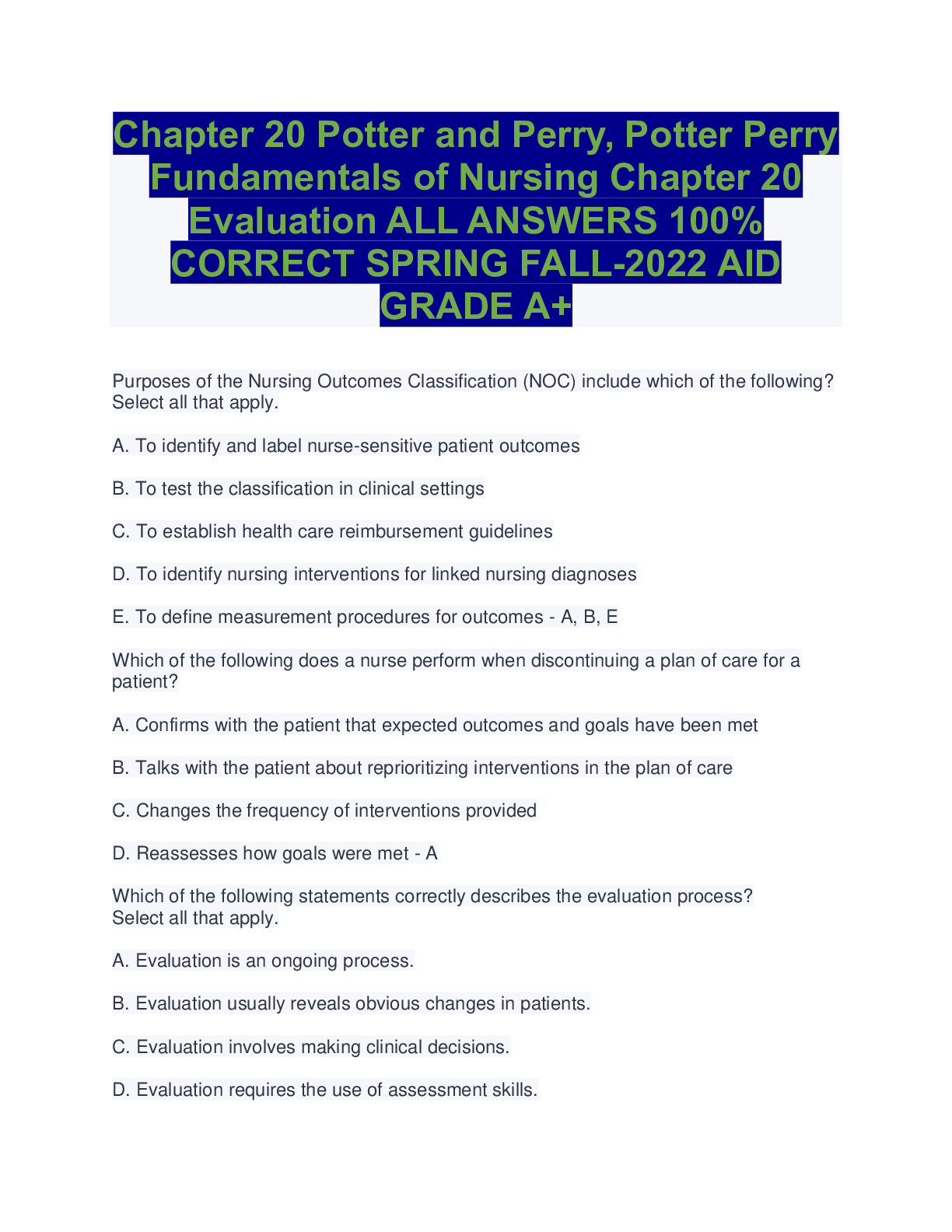 Preview image for Chapter 20 Potter and Perry, Potter Perry Fundamentals of Nursing Chapter 20 Evaluation ALL ANSWERS 100% CORRECT SPRING FALL-2022 AID GRADE A+